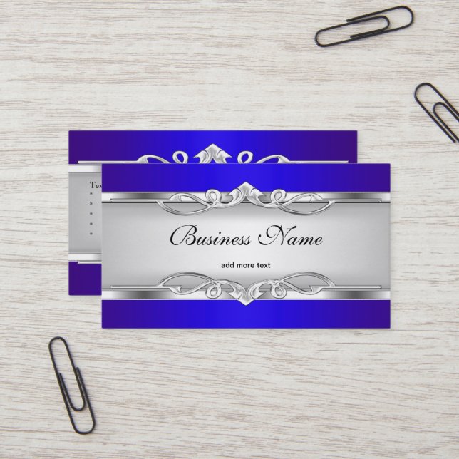 Carte De Visite Chrome Métal Bleu Élégant Style Blanc Argent (Devant/Arrière en situation)