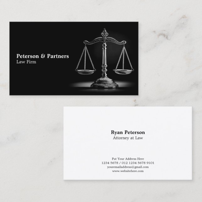 Carte De Visite Chrome noir & blanc Échelle de justice sur noir (Devant / Derrière)