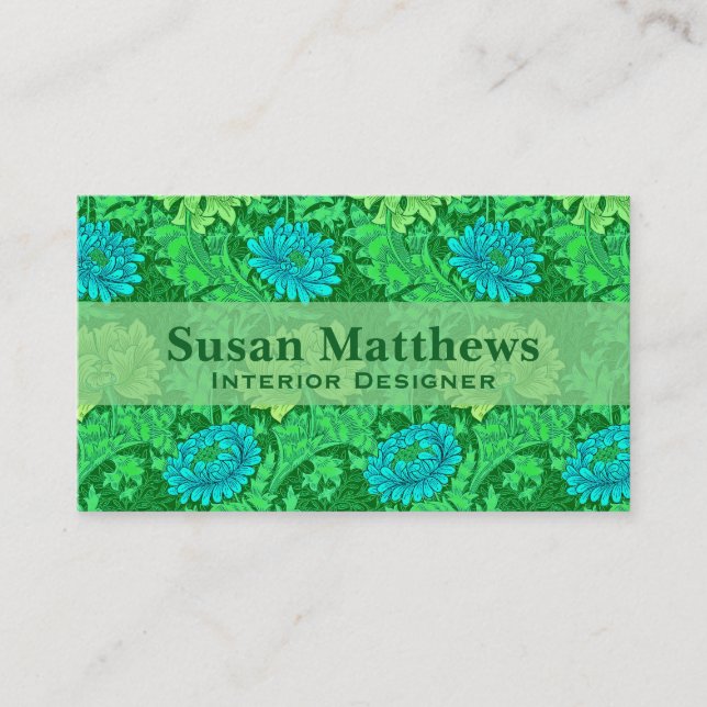 Carte De Visite Chrysanthèmes William Morris, vert citron et aqua (Devant)