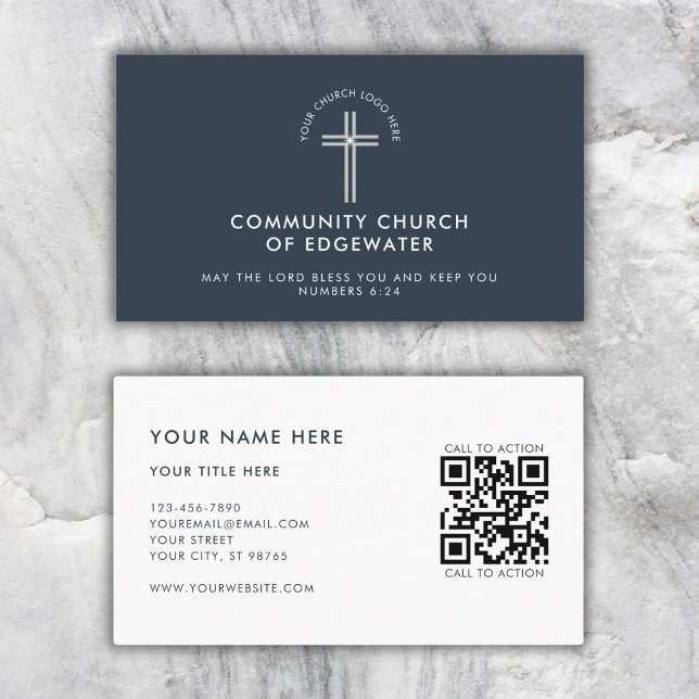 Carte De Visite Church Pastor Modern QR code Custom Logo Marine (Créateur téléchargé)