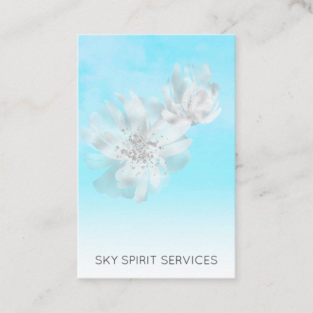 Carte De Visite *~* Ciel bleu QR Nuages Parties scintillant floral (Devant)