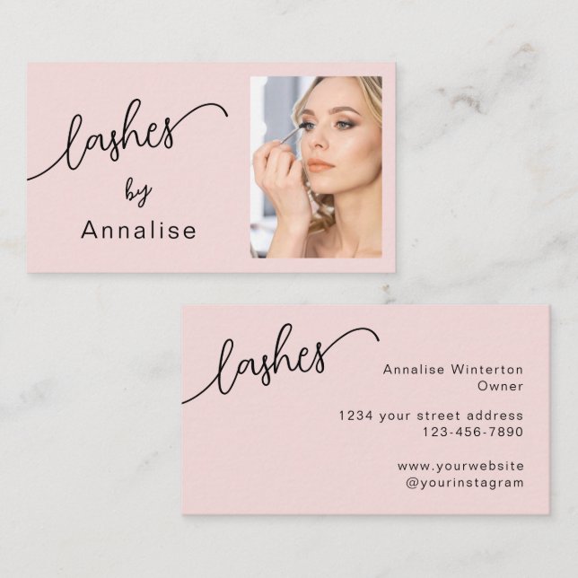 Carte De Visite Cils Blush Rose Noir Script Photo  (Devant / Derrière)