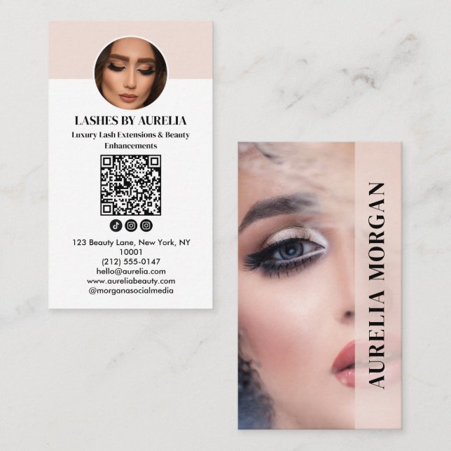 Carte De Visite Cils Modernes Code Qr Photo Rose Blush (Devant / Derrière)