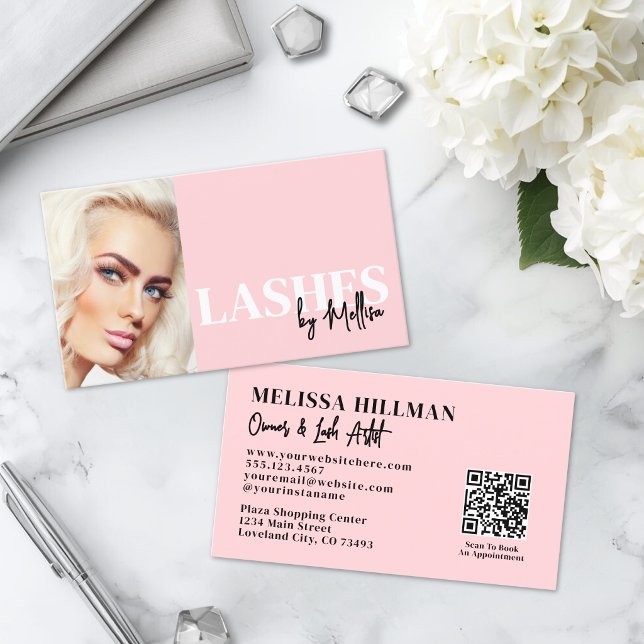 Carte De Visite Cils Photo Code QR Écriture Rose Fardé (Blush Pink Script QR Code Photo Lashes Business Card)