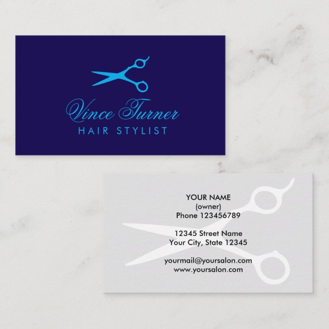 Carte De Visite Ciseaux à cheveux bleus logo de salon de coiffure (Devant / Derrière)