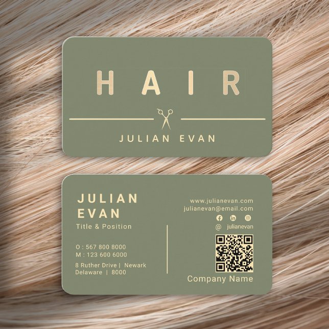 Carte De Visite Ciseaux à cheveux élégants dorés Coiffeur Vert sau (Elegant Gold Hair Scissors Hair Stylist Sage Green Business Card )