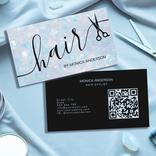 Carte De Visite Ciseaux à script cheveux Paillettes Opale Bleue Co (Blue Opal Glitter Hair Script Scissors QR Code Business Card)