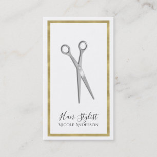Carte De Visite Ciseaux Argentés Bordure Dorée Minimale Coiffeur