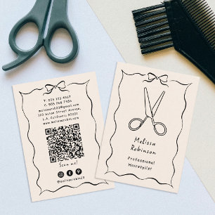 Carte De Visite Ciseaux Beige de Coiffeur Moderne Code QR Coquette