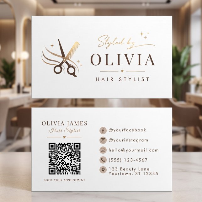 Carte De Visite Ciseaux blancs minimaux de coiffeur modifiables (Hair Stylist Minimal White Scissors Editable Business Card)