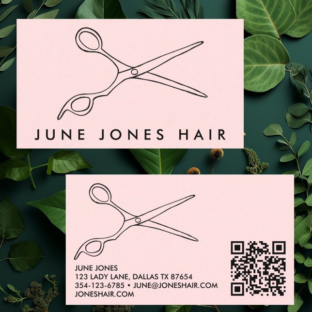 Carte De Visite Ciseaux chic barbier QR Code PalePink (Salon and hair stylist business cards with qr code)