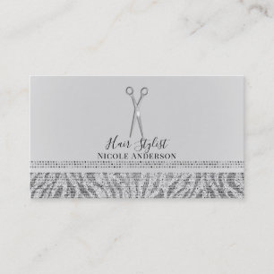 Carte De Visite Ciseaux d'argent blanc gris Zèbre chic cheveux Sty