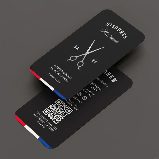 Carte De Visite Ciseaux d'argent de barbier Rouge Blanc Bleu Salon (Barber Silver Scissors Red White Blue Barbershop Business Card
☆★
☆★
☆★
☆★
☆★
(35653)
 | 
)