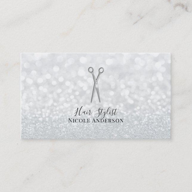 Carte De Visite Ciseaux d'argent Paillettes blanches Coiffeur chic (Devant)