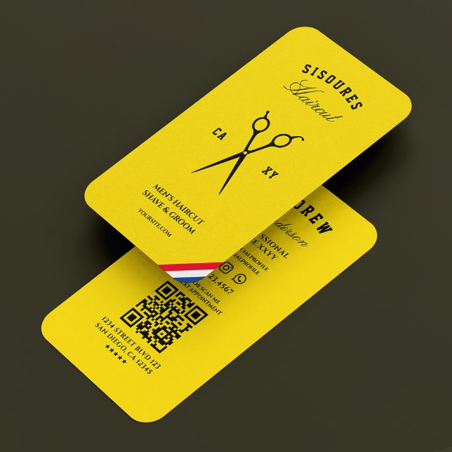 Carte De Visite Ciseaux de barbier rétro Jaune Rouge Blanc Bleu (Retro Barber Scissors Yellow Red White Blue Business Card
)