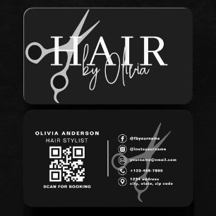 Carte De Visite Ciseaux de coiffeur Code QR Noir Argent