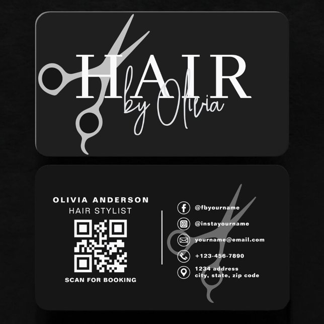 Carte De Visite Ciseaux de coiffeur Code QR Noir Argent (Créateur téléchargé)