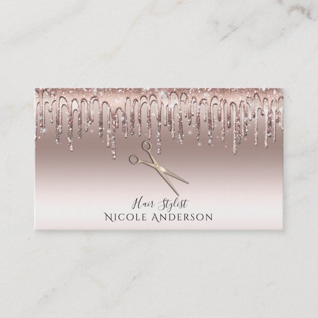 Carte De Visite Ciseaux de coiffeur de salon Rose Gold avec strass (Devant)