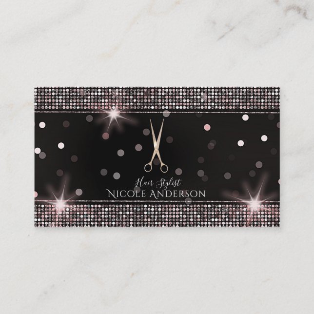 Carte De Visite Ciseaux de coiffeur de Salon Rose Gold Séquins ros (Devant)