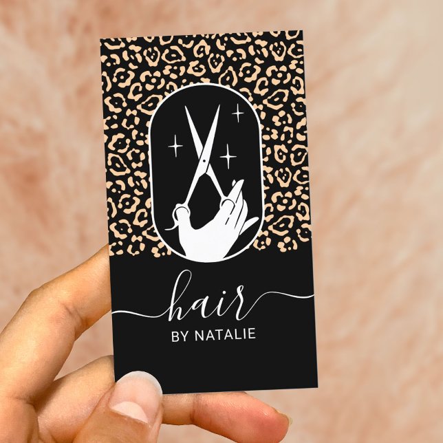 Carte De Visite Ciseaux de coiffeur et logo de main Léopard Salon (Créateur téléchargé)