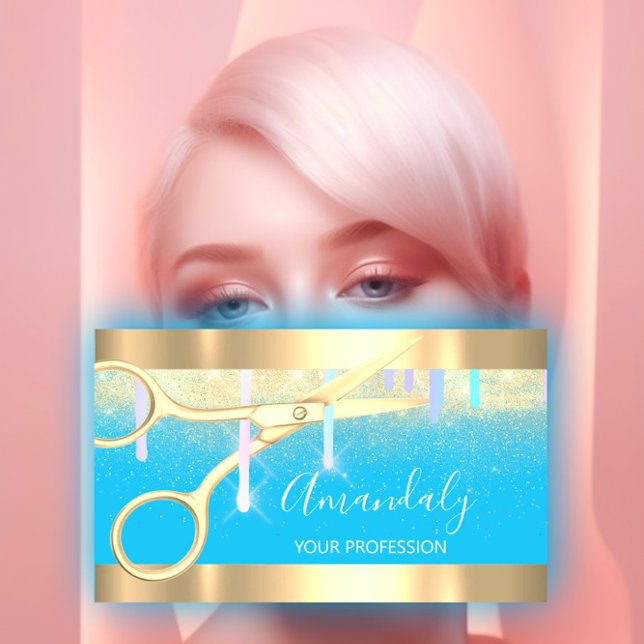 Carte De Visite Ciseaux de coiffeur moderne Gold Blue (Modern Hairdresser Scissors Drips Gold Blue Business Card)