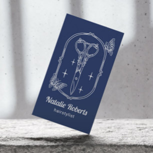 Carte De Visite Ciseaux de coiffeur & Papillon Bleu marine Salon