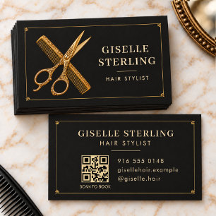 Carte De Visite Ciseaux de coiffeur Peigne Code QR Noir Salon