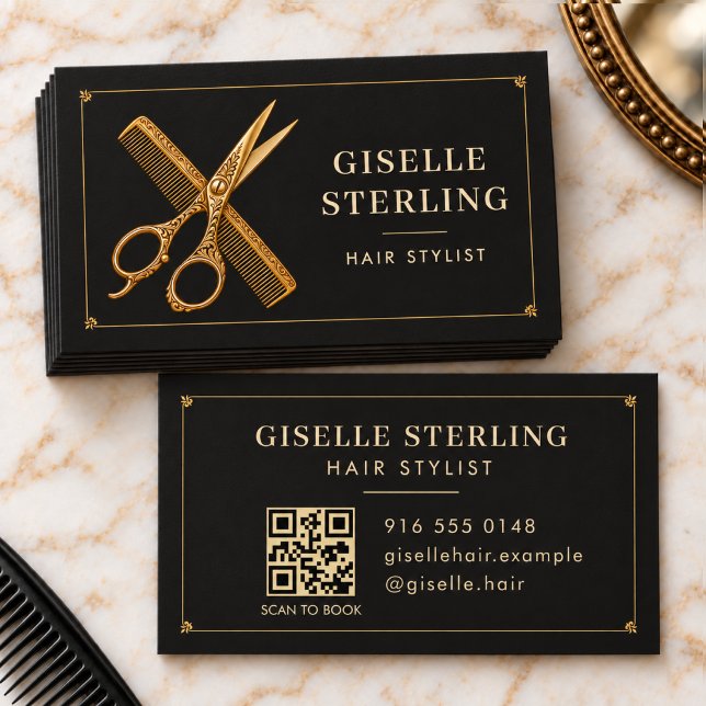 Carte De Visite Ciseaux de coiffeur Peigne Code QR Noir Salon (Créateur téléchargé)