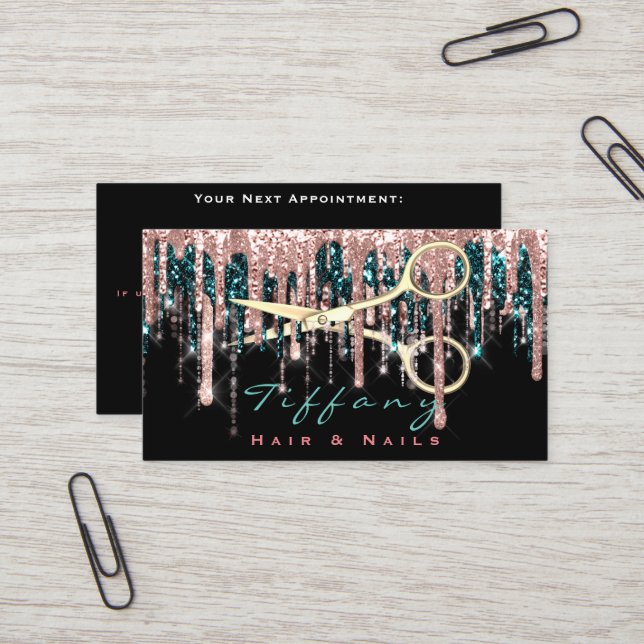 Carte De Visite Ciseaux de coiffeur professionnel Rose Black Gold (Devant/Arrière en situation)