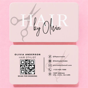 Carte De Visite Ciseaux de coiffeur Rose poudré Code QR 