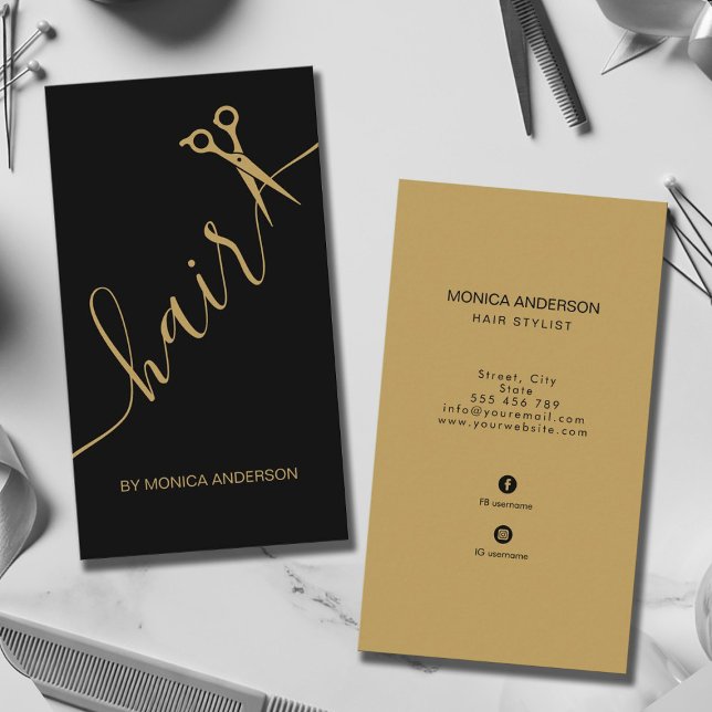 Carte De Visite Ciseaux de luxe à code QR avec écriture dorée noir (Luxury Black Gold Hair Script Scissors QR Code Business Card)