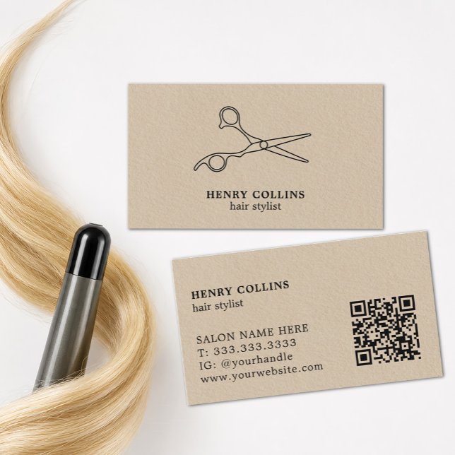 Carte De Visite Ciseaux de Salon de Coiffure Papier Kraft Beige Co (Créateur téléchargé)