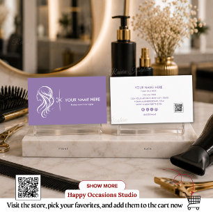 Carte De Visite Ciseaux de styliste de coiffure violets blancs QR 