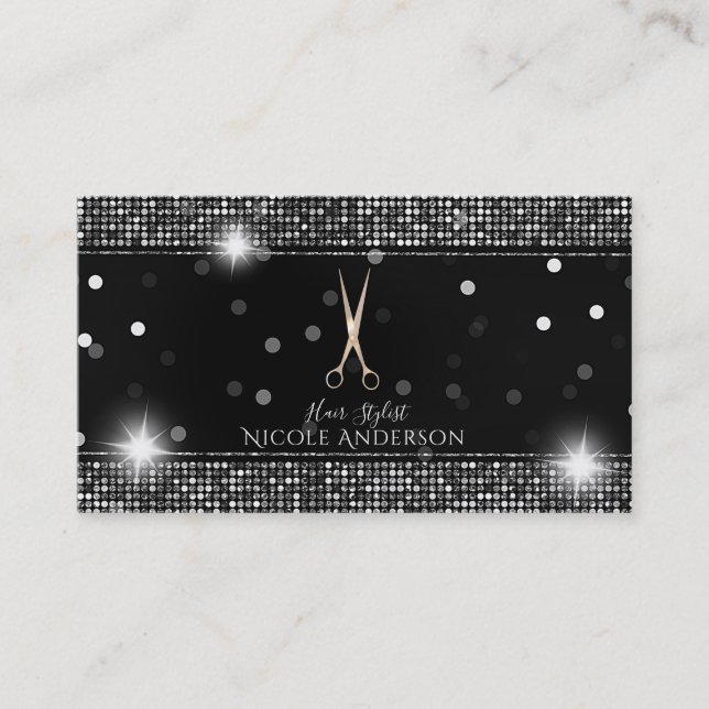 Carte De Visite Ciseaux de styliste de salon Rose Gold Séquins Arg (Devant)