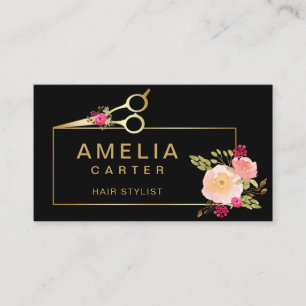 Carte De Visite Ciseaux d'or Floral Hair Styliste Salon