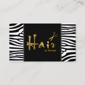 Carte De Visite Ciseaux d'or Script Hair Stylliste Zèbre moderne #