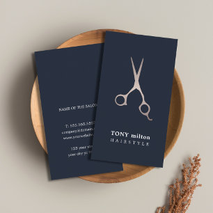 Carte De Visite Ciseaux en faux métal bleu foncé minimal cheveux