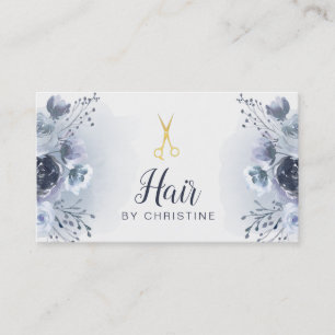 Carte De Visite ciseaux et décoration florale bleue