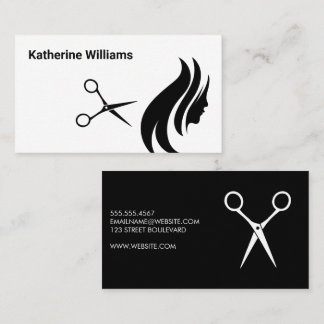 Carte De Visite Ciseaux et logotype de cheveux | Blanc noir simple