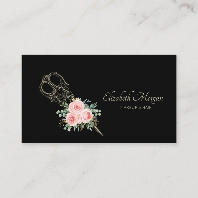 Carte De Visite Ciseaux Fleurs Or Professionnels (Devant)