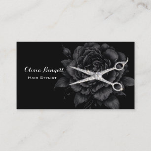 Carte De Visite Ciseaux floraux noirs de coiffeur élégant
