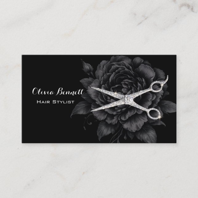 Carte De Visite Ciseaux floraux noirs de coiffeur élégant (Devant)