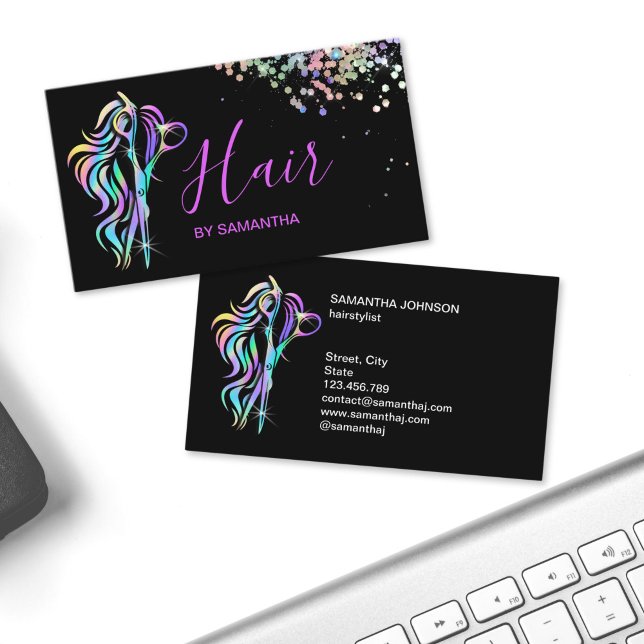 Carte De Visite Ciseaux holographiques de typographie de coiffeur  (glitter holographic hair stylist business cards)