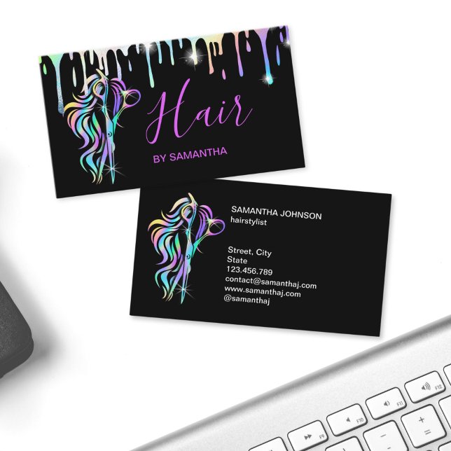 Carte De Visite Ciseaux holographiques de typographie de coiffeur  (glitter holographic hair stylist business cards)