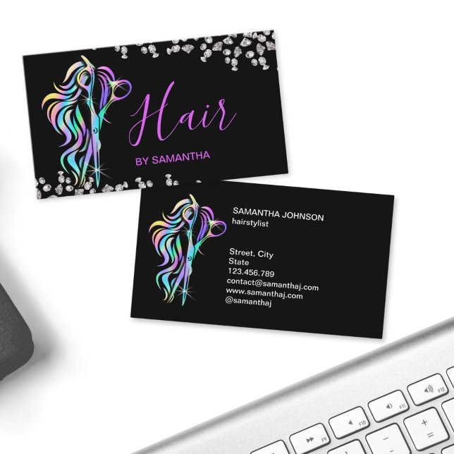 Carte De Visite Ciseaux holographiques de typographie de coiffeur  (chic holograph hair stylist business cards)