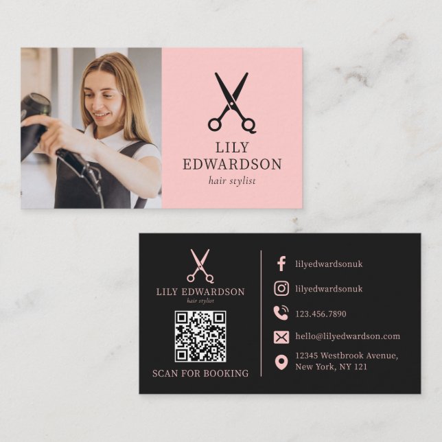 Carte De Visite Ciseaux Logo Photo QR Code Coiffeur Cheveux Rose (Devant / Derrière)