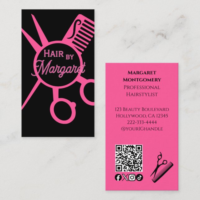 Carte De Visite Ciseaux Minimalistes Code QR Rose Noir Salon de Co (Devant / Derrière)