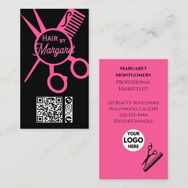 Carte De Visite Ciseaux Minimalistes Code QR Rose Noir Salon de Co (Devant / Derrière)