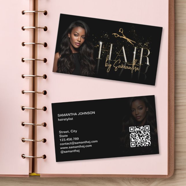 Carte De Visite ciseaux modernes de luxe pour extensions de coiffu (modern typography gold scissors hair stylist business cards)