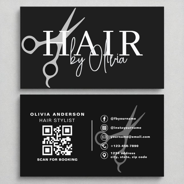 Carte De Visite Ciseaux noirs en argent moderne QR Code Hair Styli (Créateur téléchargé)